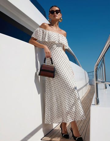 Off Shoulder Polka Dot Midi Dress
