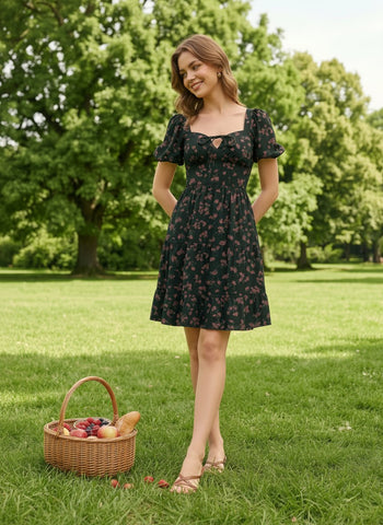 AYLA Floral Print Puff Sleeve Tiered Mini Dress