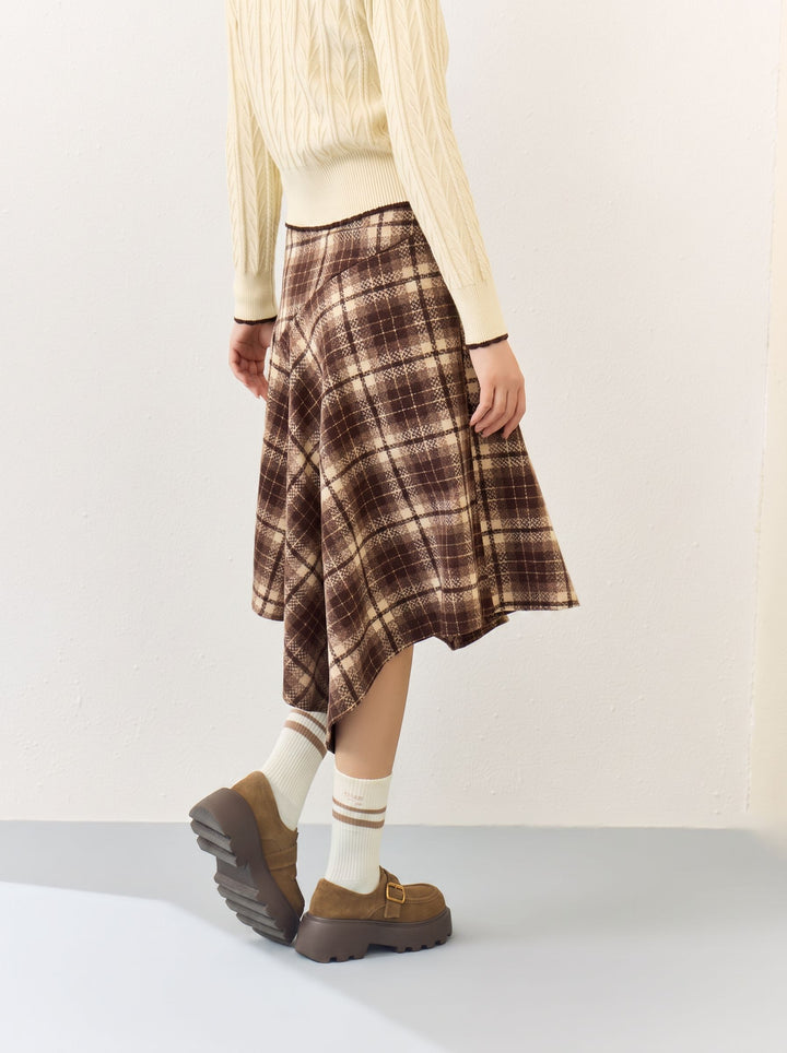 High Waisted Plaid Asymmetric Midi Skirt