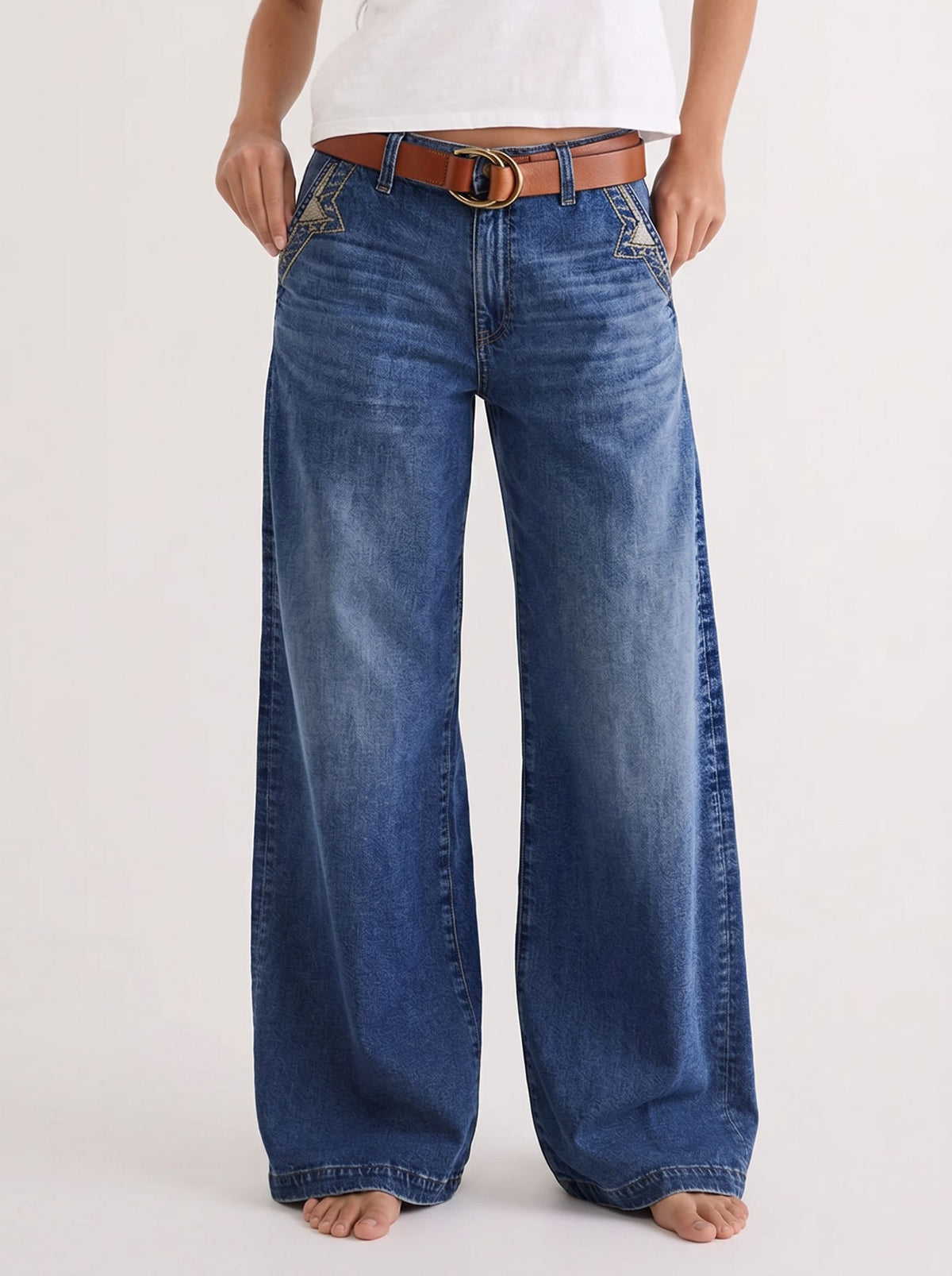 Embroidered High Rise Wide Leg Jeans