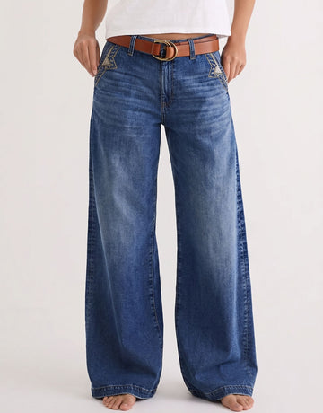 Embroidered High Rise Wide Leg Jeans
