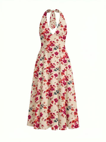 Floral Print Halter Neck Tie Back Midi Dress