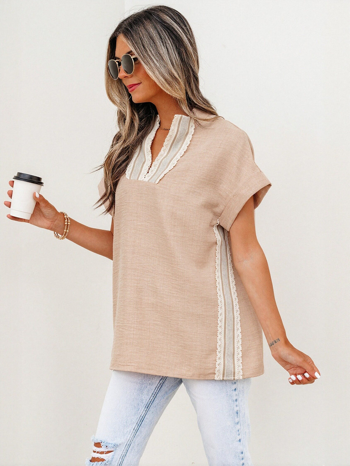 Boho Lace Trim Chiffon Blouse