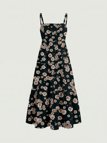FLORA Floral Print Tiered Strap Midi Dress