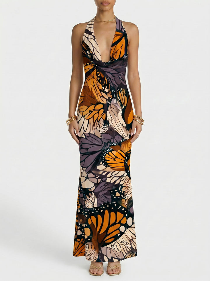 LILA Monarch Butterfly Print Cowl Neck Bodycon Maxi Dress