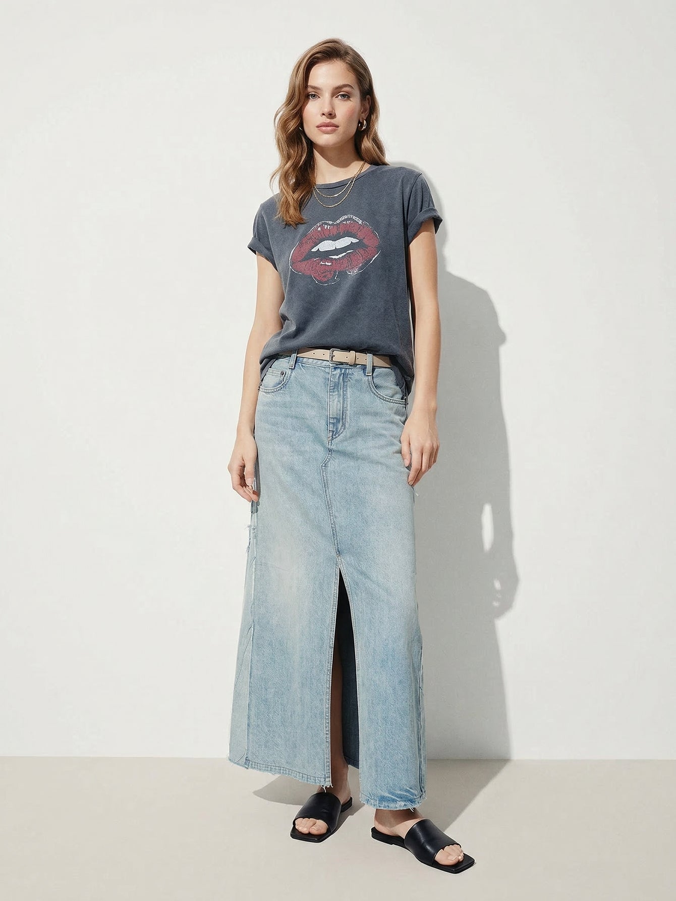 Paneled Detail Maxi Denim Skirt