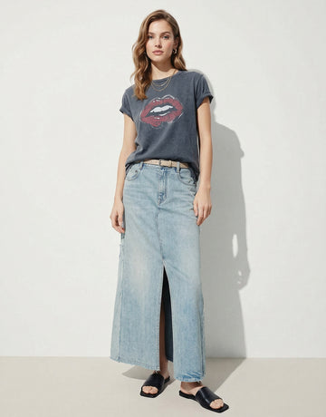 Paneled Detail Maxi Denim Skirt