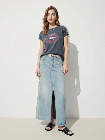 Paneled Detail Maxi Denim Skirt