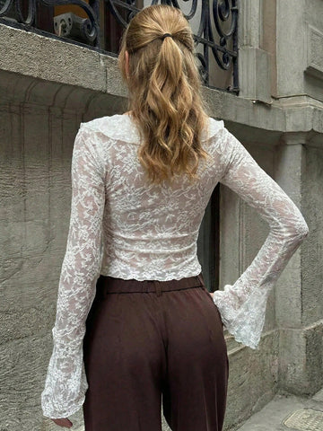 Elegant Ruffled Lace Long Sleeve Blouse
