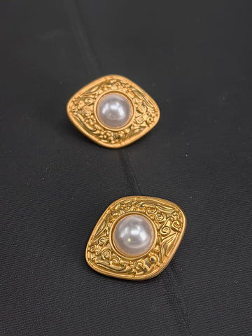 Vintage Gold Pearl Statement Stud Earrings