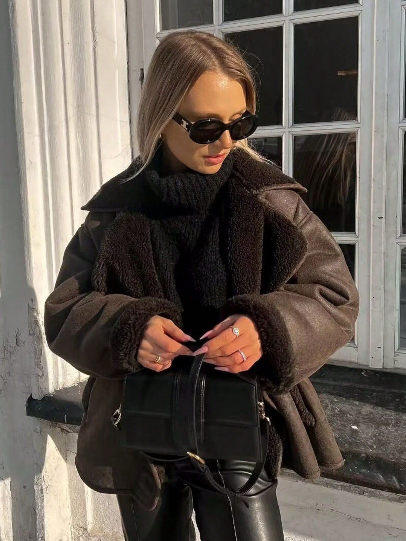 Oversized Faux Shearling Trim Coat