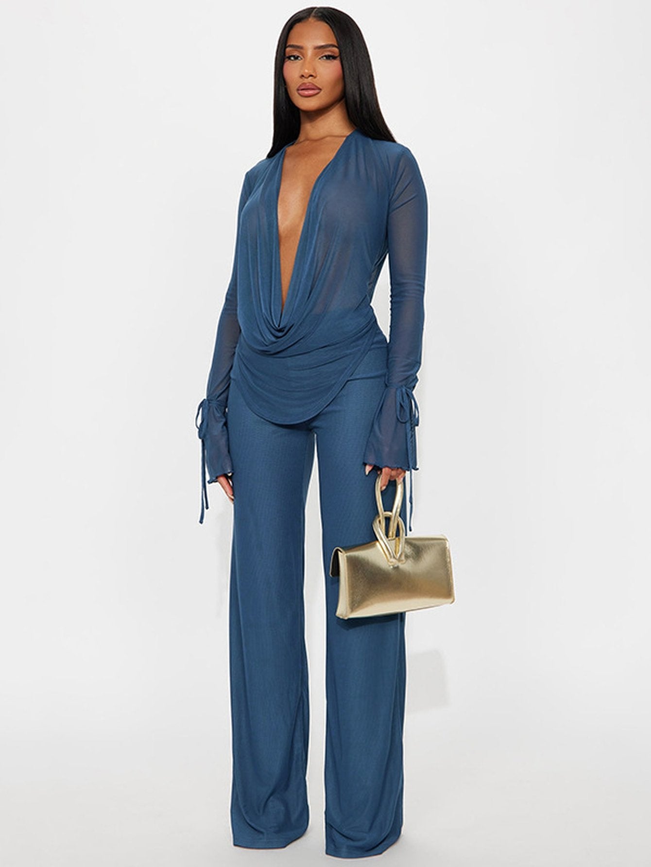 Sheer Draped Plunge Pants Set