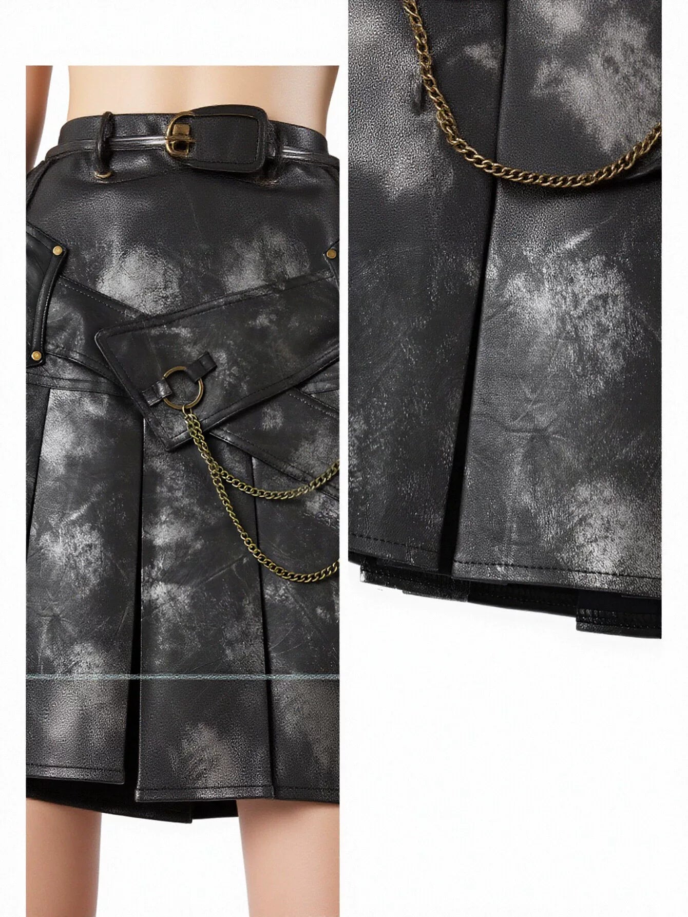 Distressed Faux Leather Pleated Mini Skirt