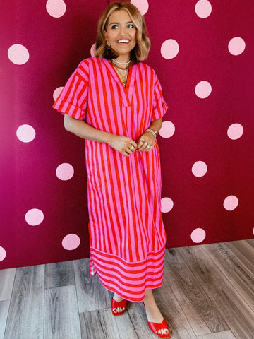 Vibrant Striped V Neck Midi Dress