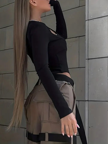 Cutout Buckle Detail Long Sleeve Bodysuit