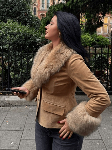 Cozy Faux Fur Trim Suede Jacket