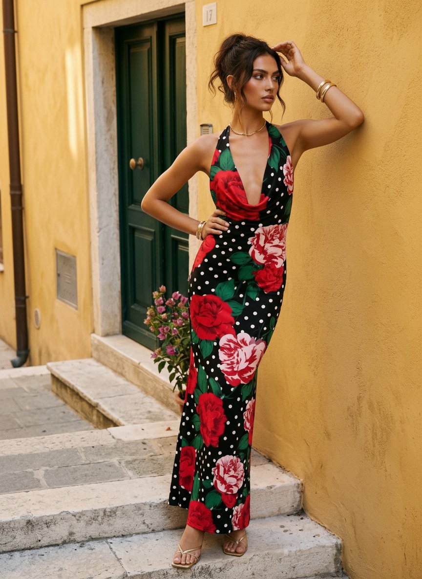 Floral Print Cowl Neck Bodycon Maxi Dress