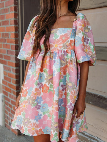 Square Neck Floral Print Elegant Mini Dress