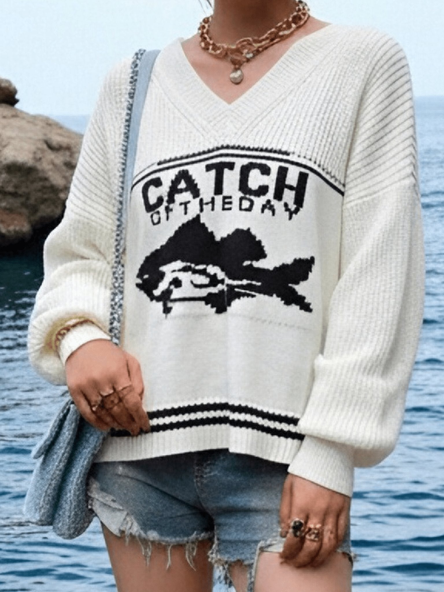 Oversized Graphic V Neck Knit Sweater