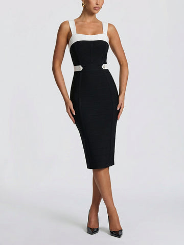 Two-Tone Sleeveless Elegant Cocktail Midi Dress-Black