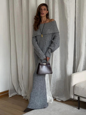 Off Shoulder Ribbed Knit Maxi Dress