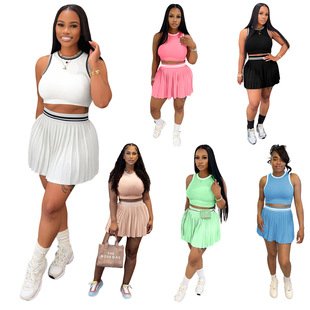 Athletic Ribbed Crop Pleated Skirt Set