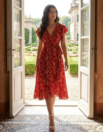V Neck Wrap Waist Romantic Midi Dress
