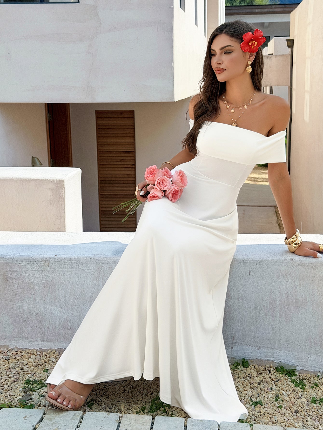Elegant Off Shoulder White Maxi Dress