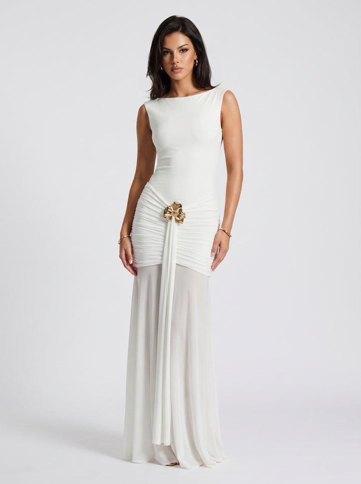 Elegant Ruched Embellished Maxi Dress