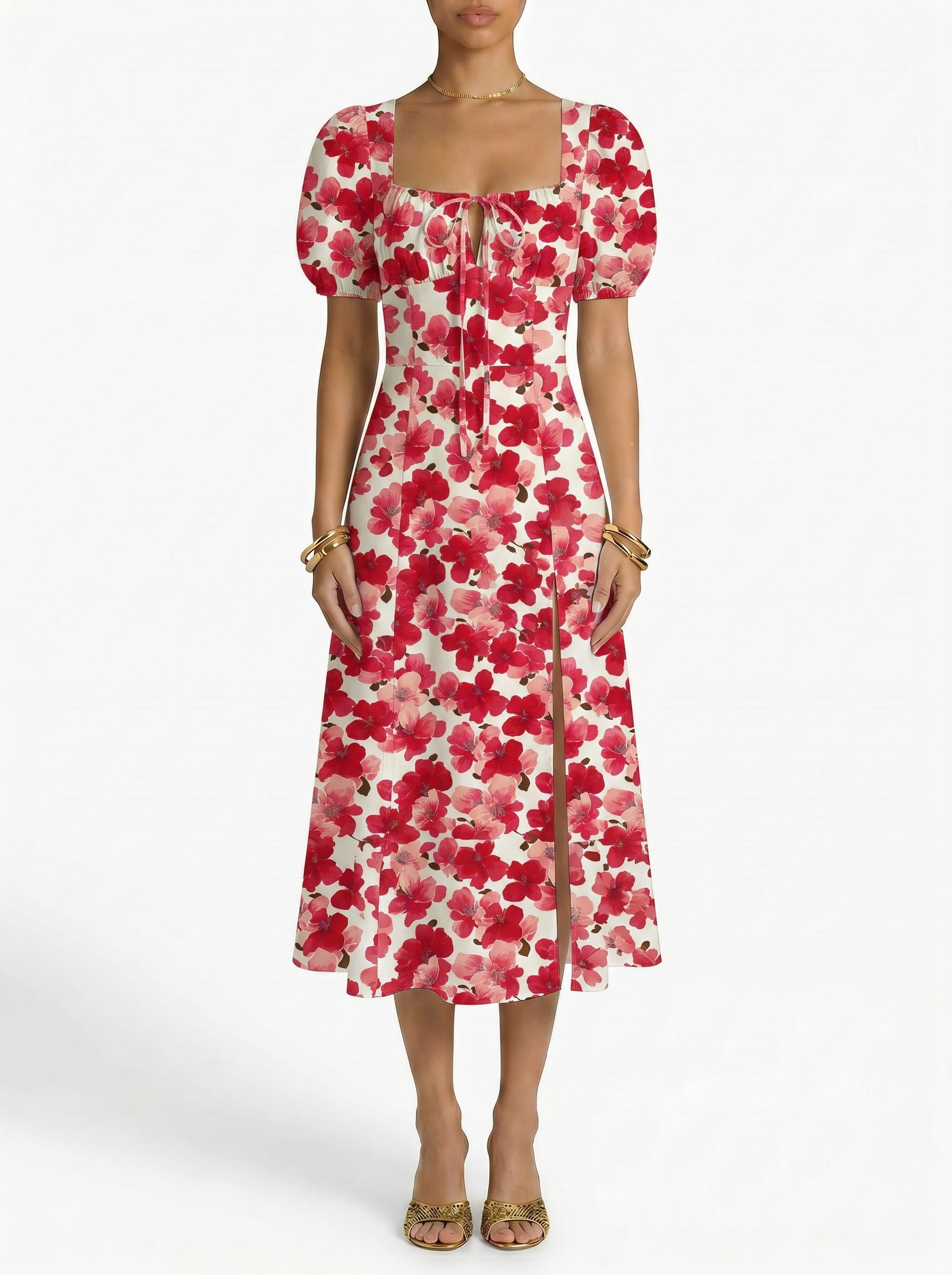 Floral Print Puff Sleeve Tie MidiDress
