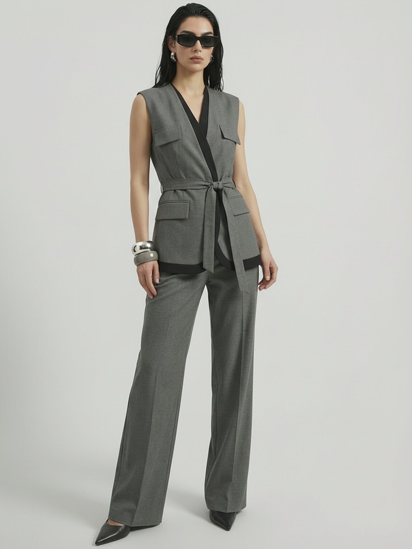 SAÏA V Neck Tie-Waisted Business Suit-Gray