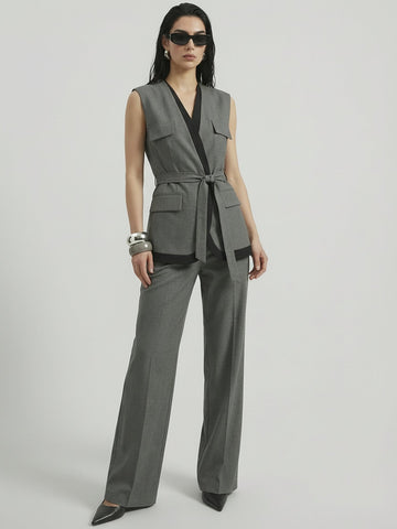 SAÏA V Neck Tie-Waisted Business Suit-Gray