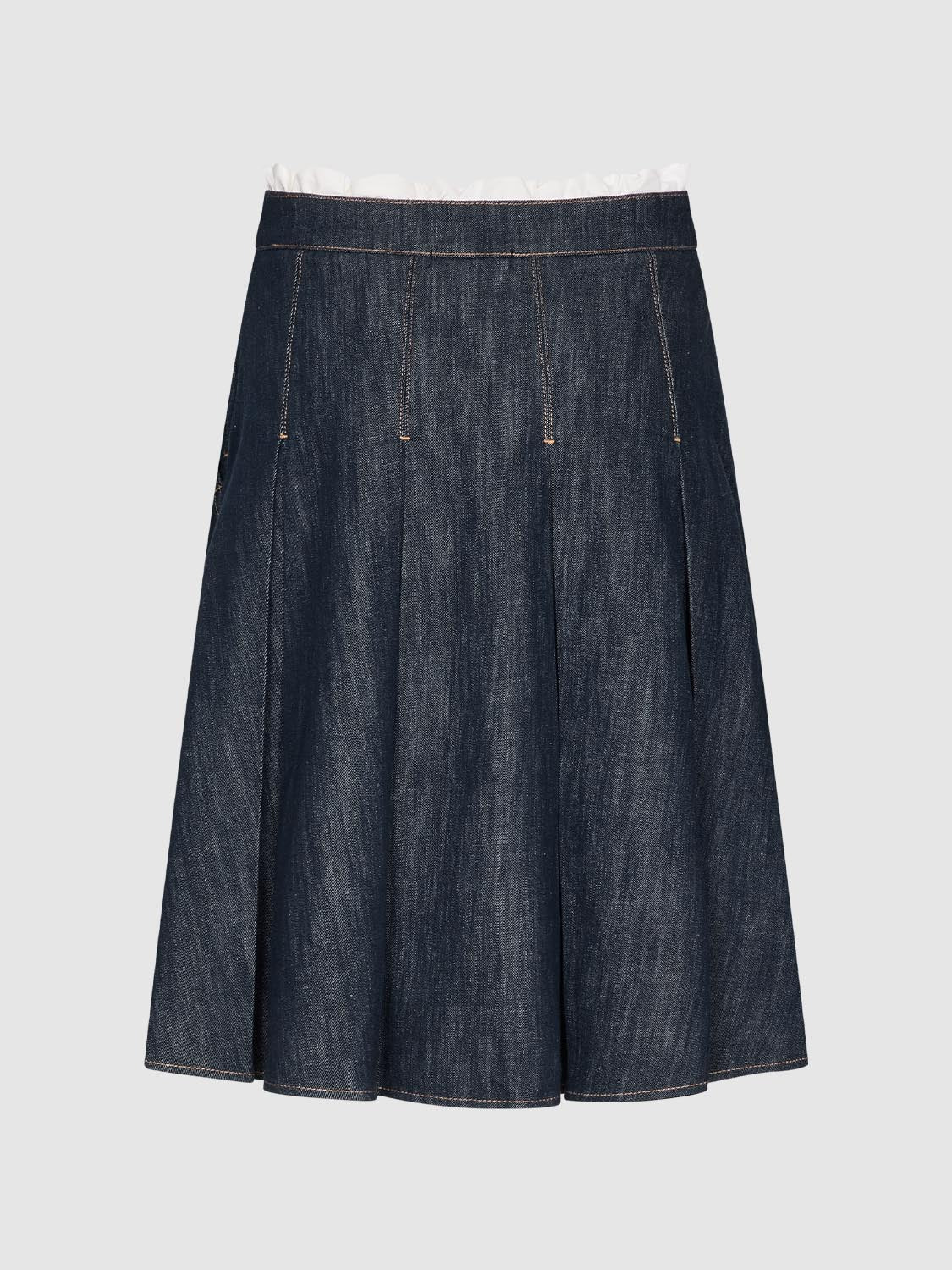 Urban Revivo Ruffled Trim Embroidered Pleated Denim Midi Skirts-Blue