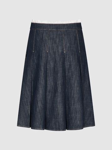 Urban Revivo Ruffled Trim Embroidered Pleated Denim Midi Skirts-Blue