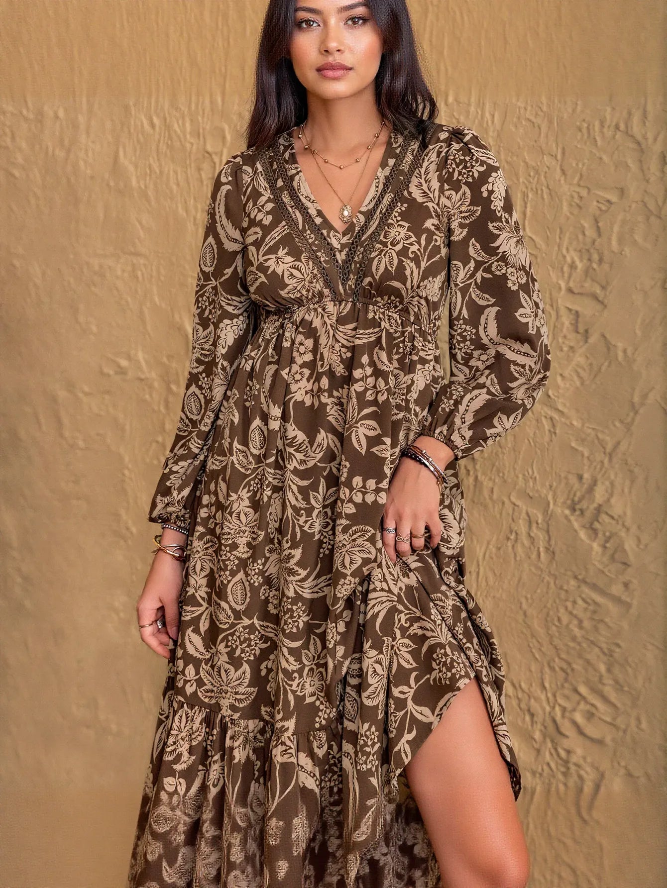 Boho Floral V Neck Midi Dress