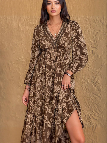 Boho Floral V Neck Midi Dress