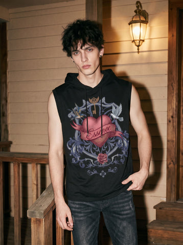 Graphic Print Hooded Sleeveless Tank Top