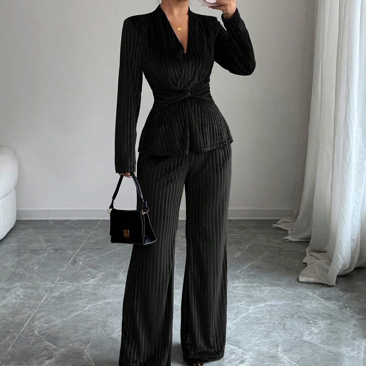 Elegant Pleated Velvet Trouser Set