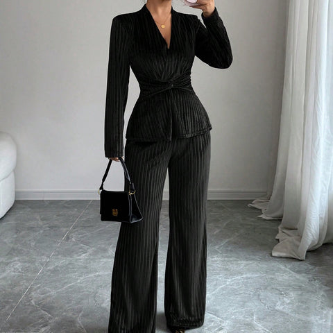 Elegant Pleated Velvet Trouser Set