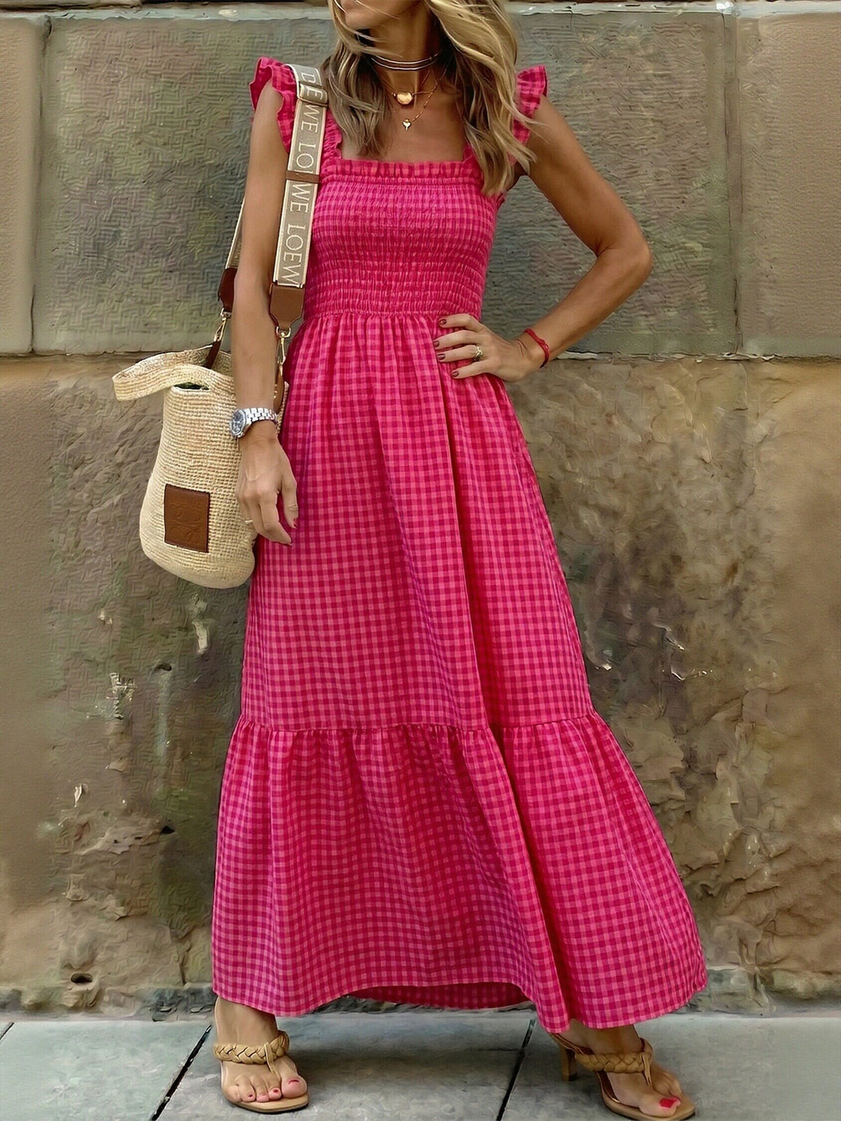 Smocked Ruffle Gingham Maxi Dress