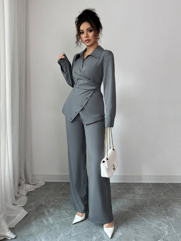 Elegant Wrap Buttoned Pant Set