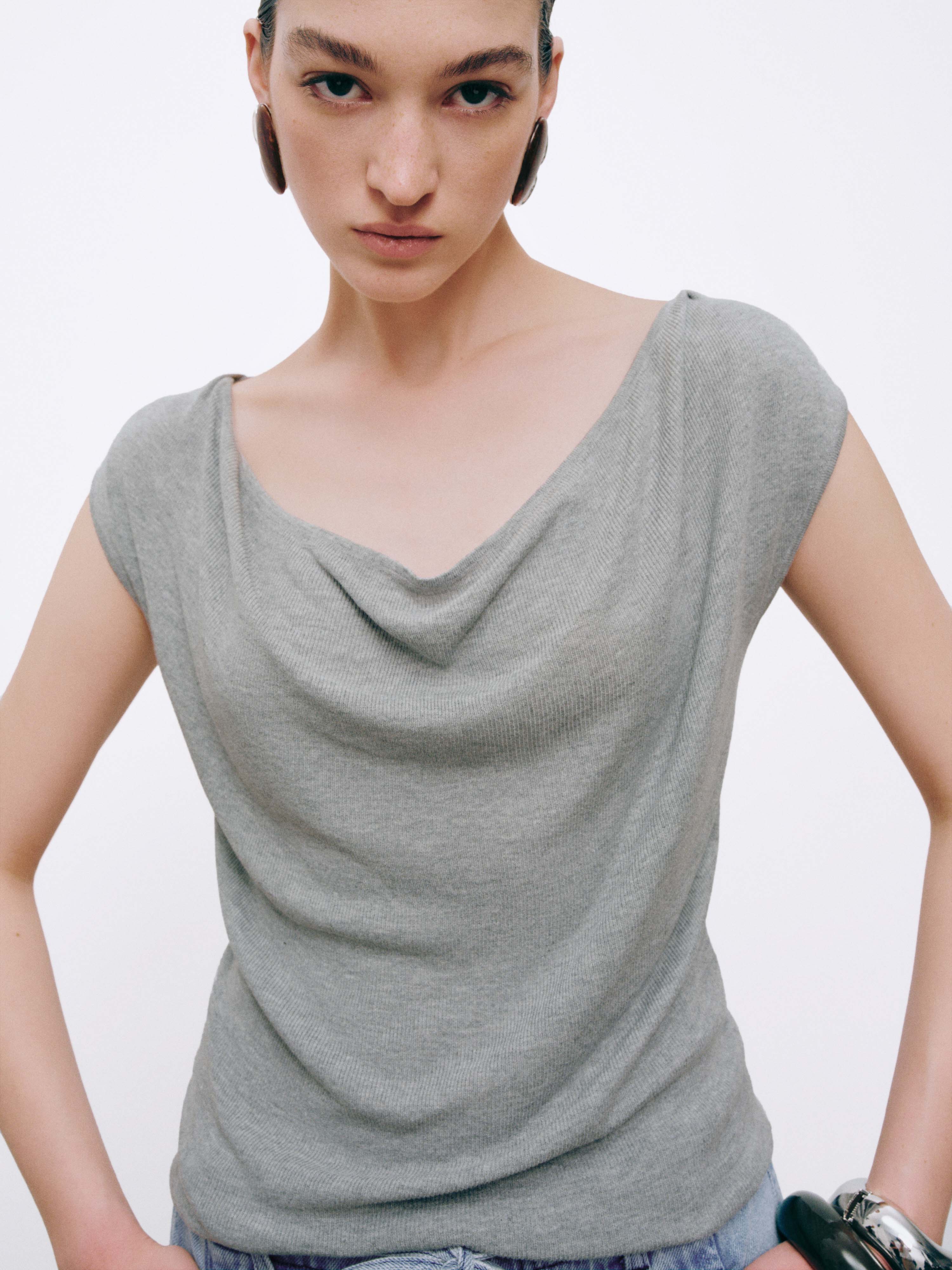 One Shoulder Capped Sleeve Knitted T-Shirts
