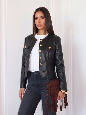 Gold Button Collarless Faux Leather Jacket
