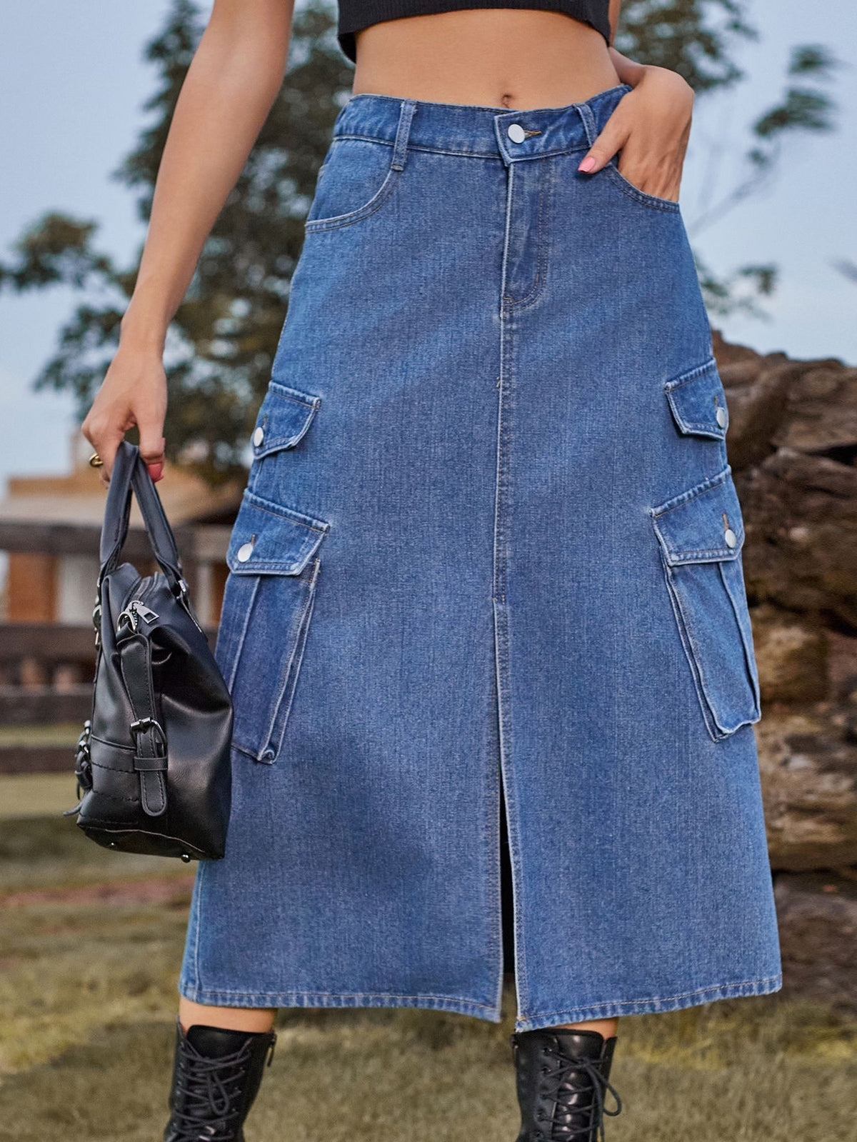 High Slit Cargo Denim Skirt
