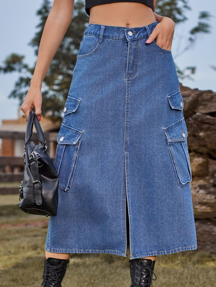 High Slit Cargo Denim Skirt