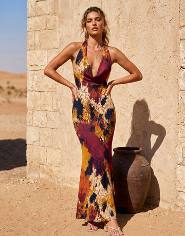 LILA Floral Print Cowl Neck Bodycon Midi Dress