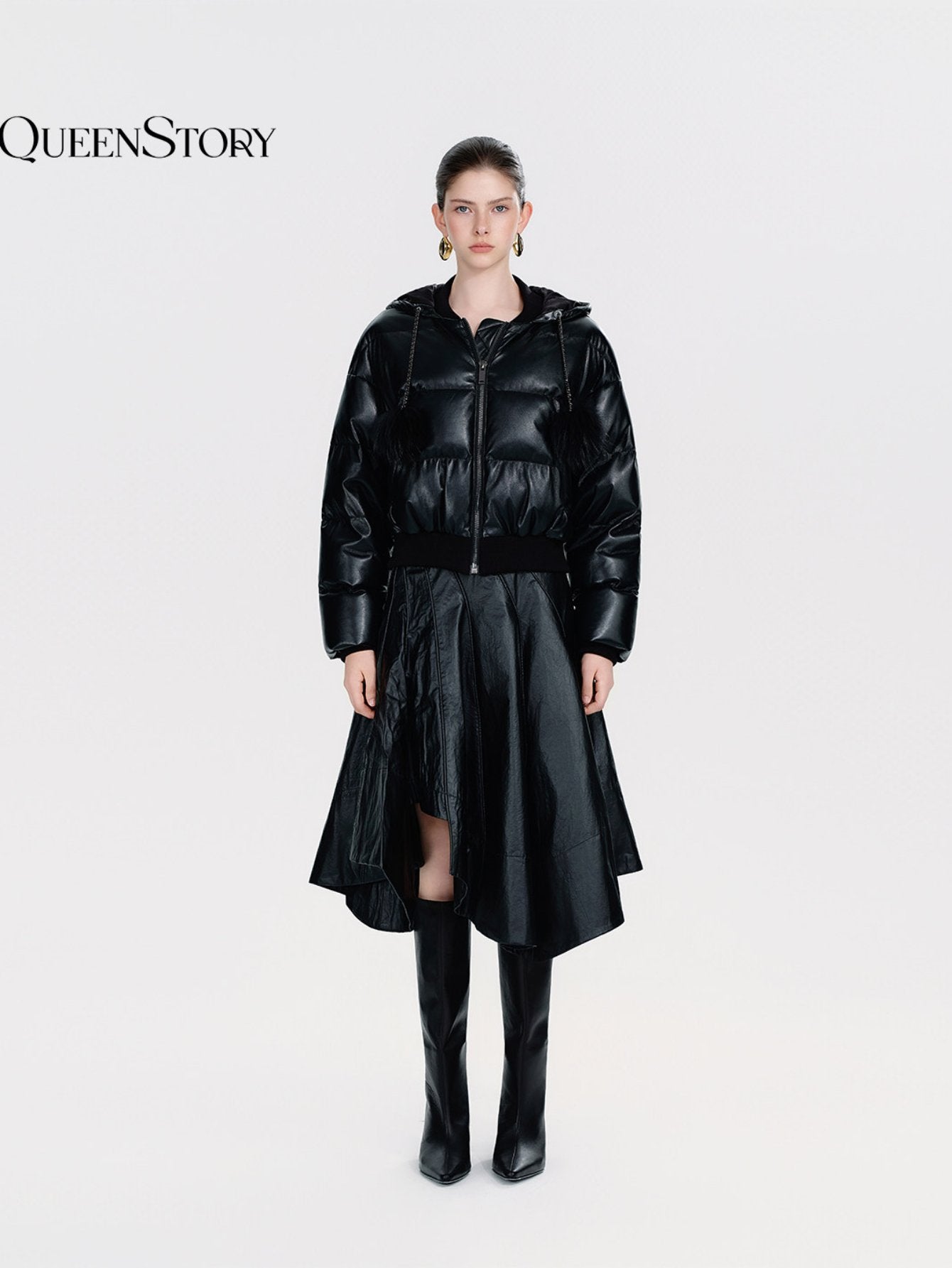 Cropped Faux Leather Puffer Jacket