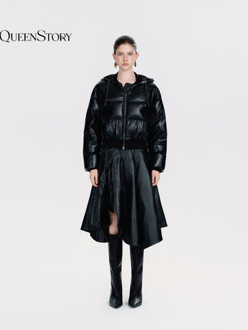 Cropped Faux Leather Puffer Jacket