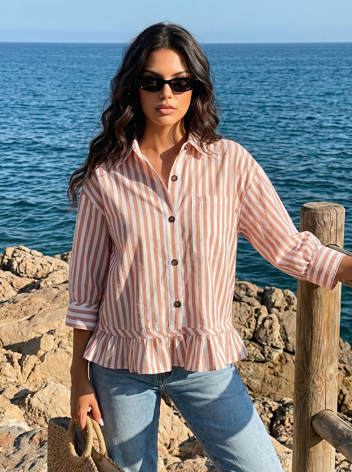 Casual Striped Peplum Button Down Shirt
