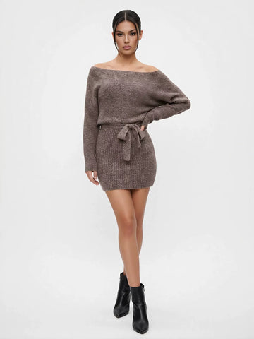 Off Shoulder Belted Knit Dress